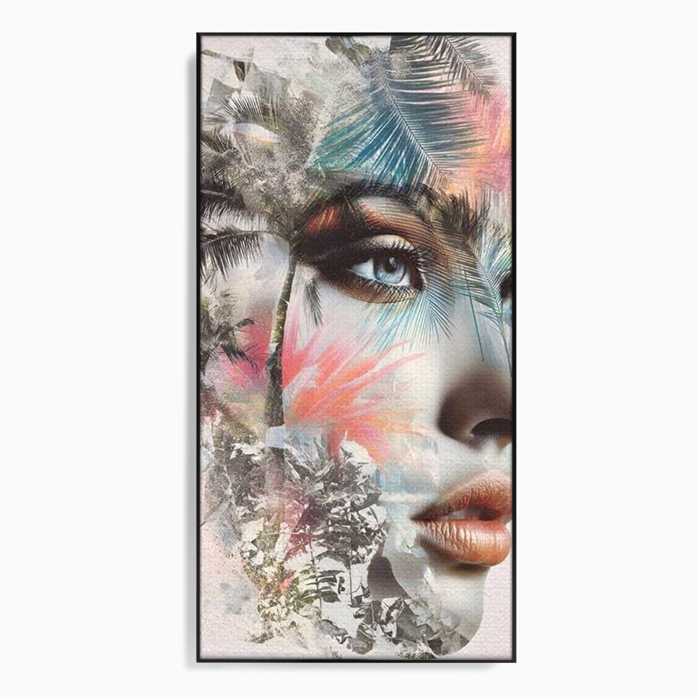 Tablou canvas cu tablou canvas cu portret feminin si palmieri, in rama de aluminiu negru